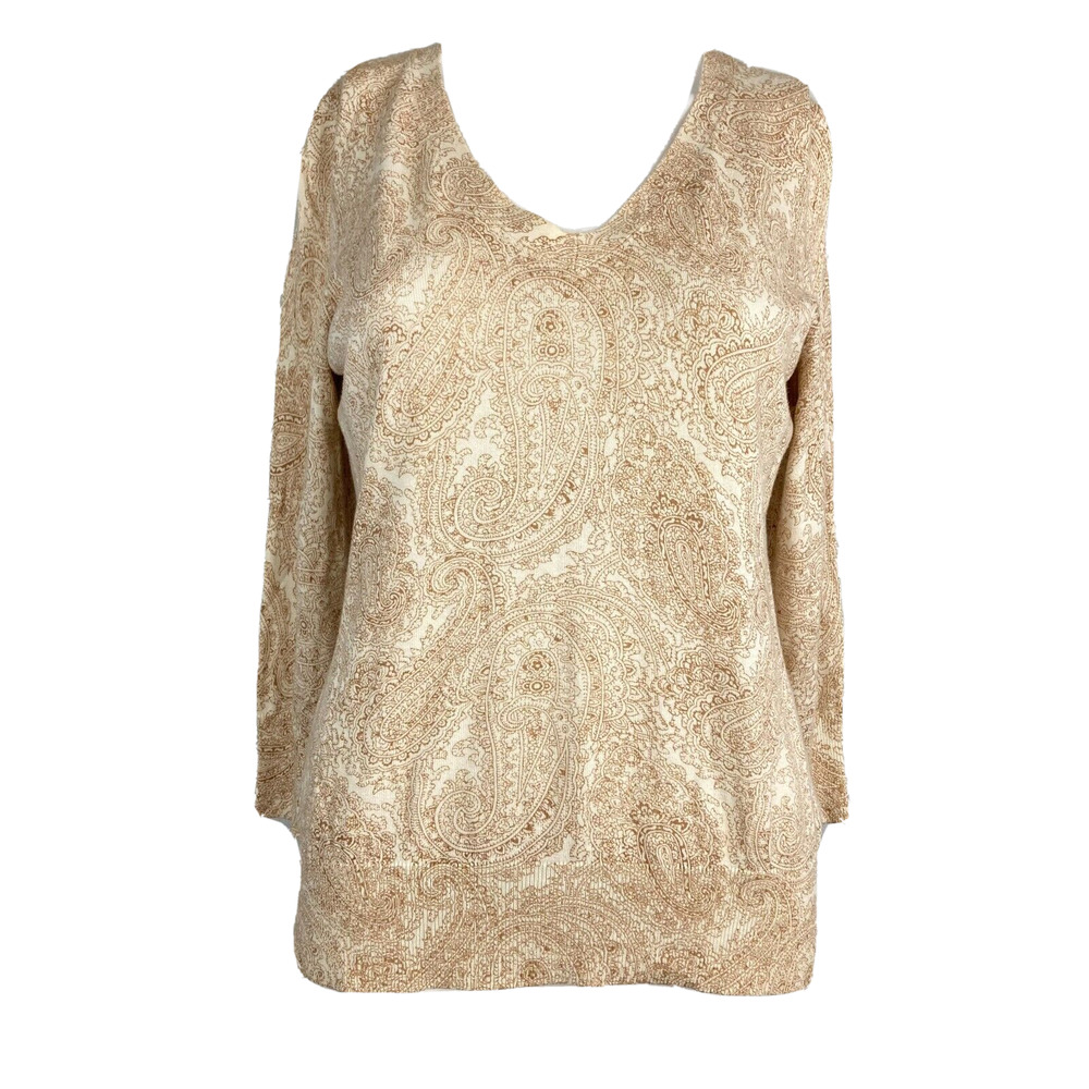 Talbots Sweater Womens Sz S Beige White Paisley Cotton‎ Stretch Knit V Neck